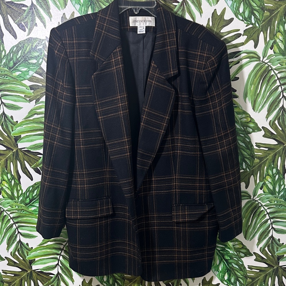 Jones New York Pure Wool Black and Brown Checkered Blazer
